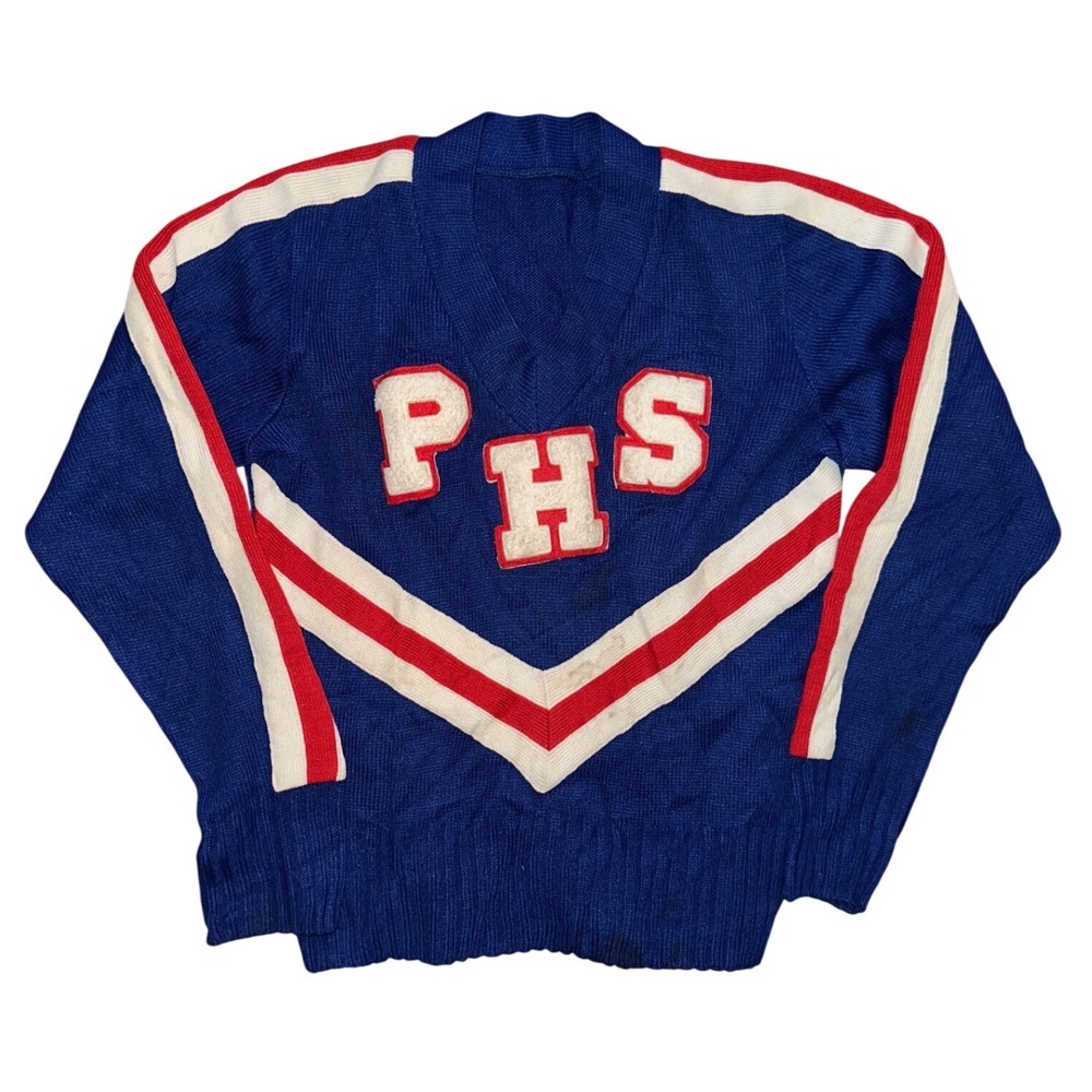 Vintage PHS Varsity Letterman Sweater Blue Red White V-Neck Knit Pullover Patch
